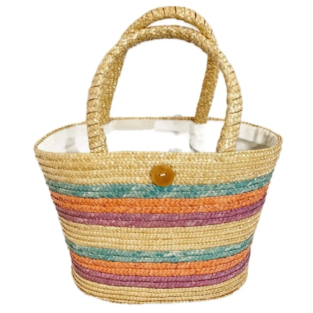 Unbranded Multi Colored Woven Striped Straw Bag Top Hand Fully Lined Oval Shaped
